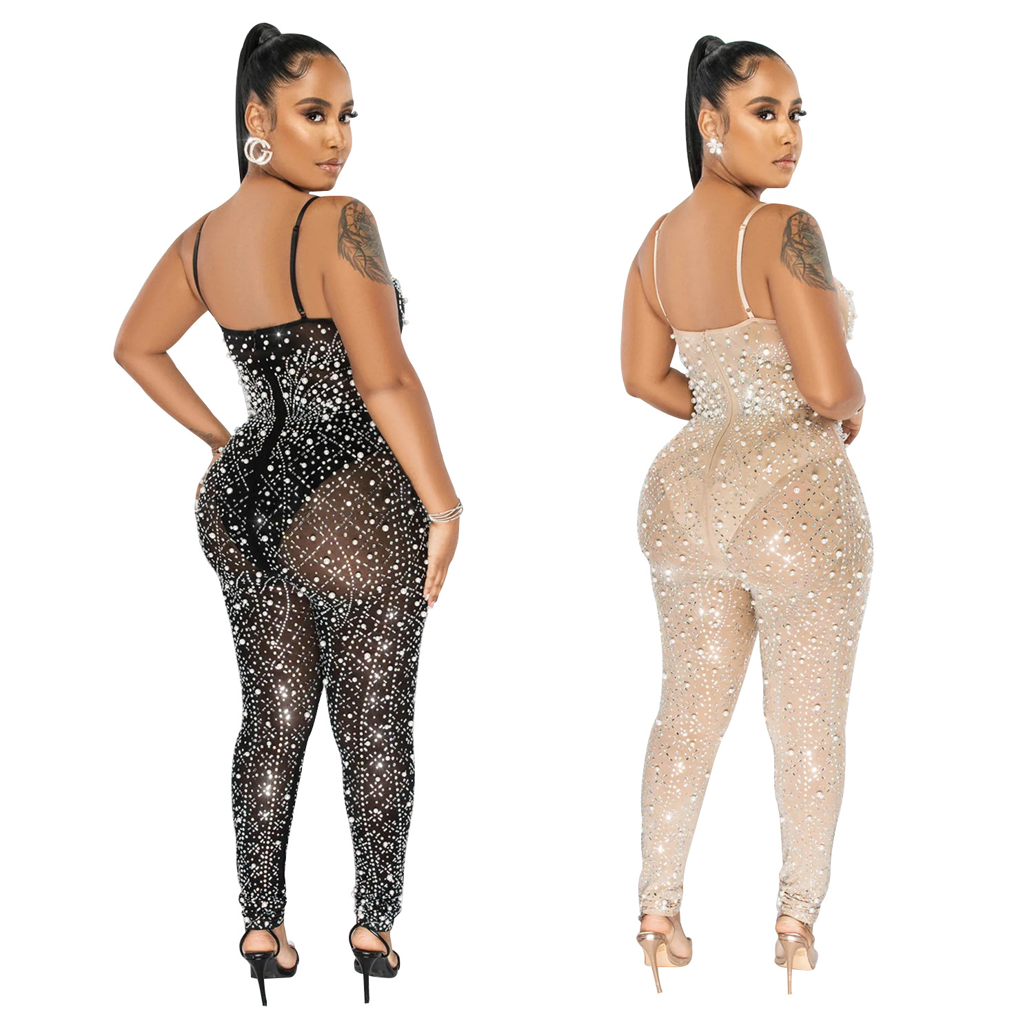 C6272 transfronterizo AliExpress Amazon ropa de mujer de moda de color sólido de malla de perforación pantalones sin mangas mono