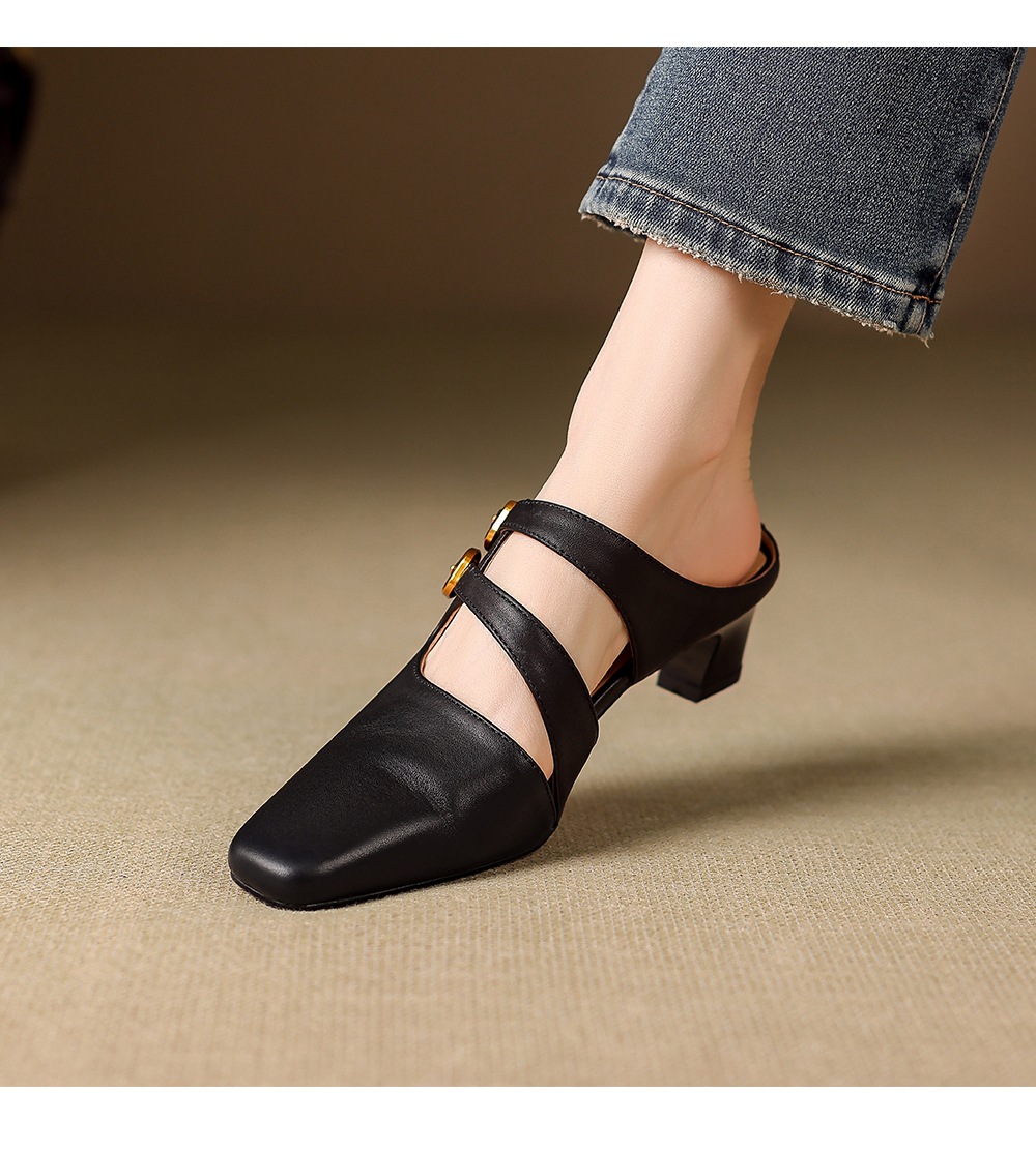 Sandal nữ quai ngang gót vuông ổn định, da bò thật, khóa sau, phong cách Muller — đen chi tiết 9