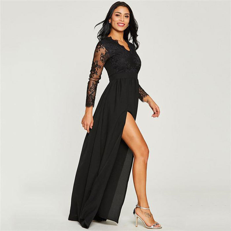 Comercio exterior europeo y americano Amazon AliExpress deseo de las mujeres nuevo encaje con cuello en V manga larga vestido de noche vestido negro