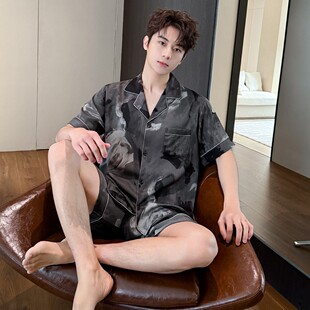 Pajamas for Men 2025 Spring and Summer New Short-Sleeved Shorts Cardigan Suit Ice Silk Printed High-End Home Clothes
