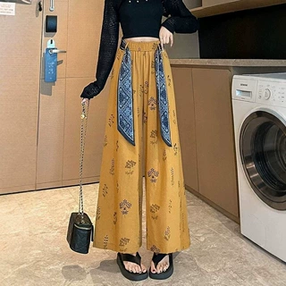 大码300斤民族风系带印花阔腿裤女夏季薄款高腰宽松休闲遮胯长裤