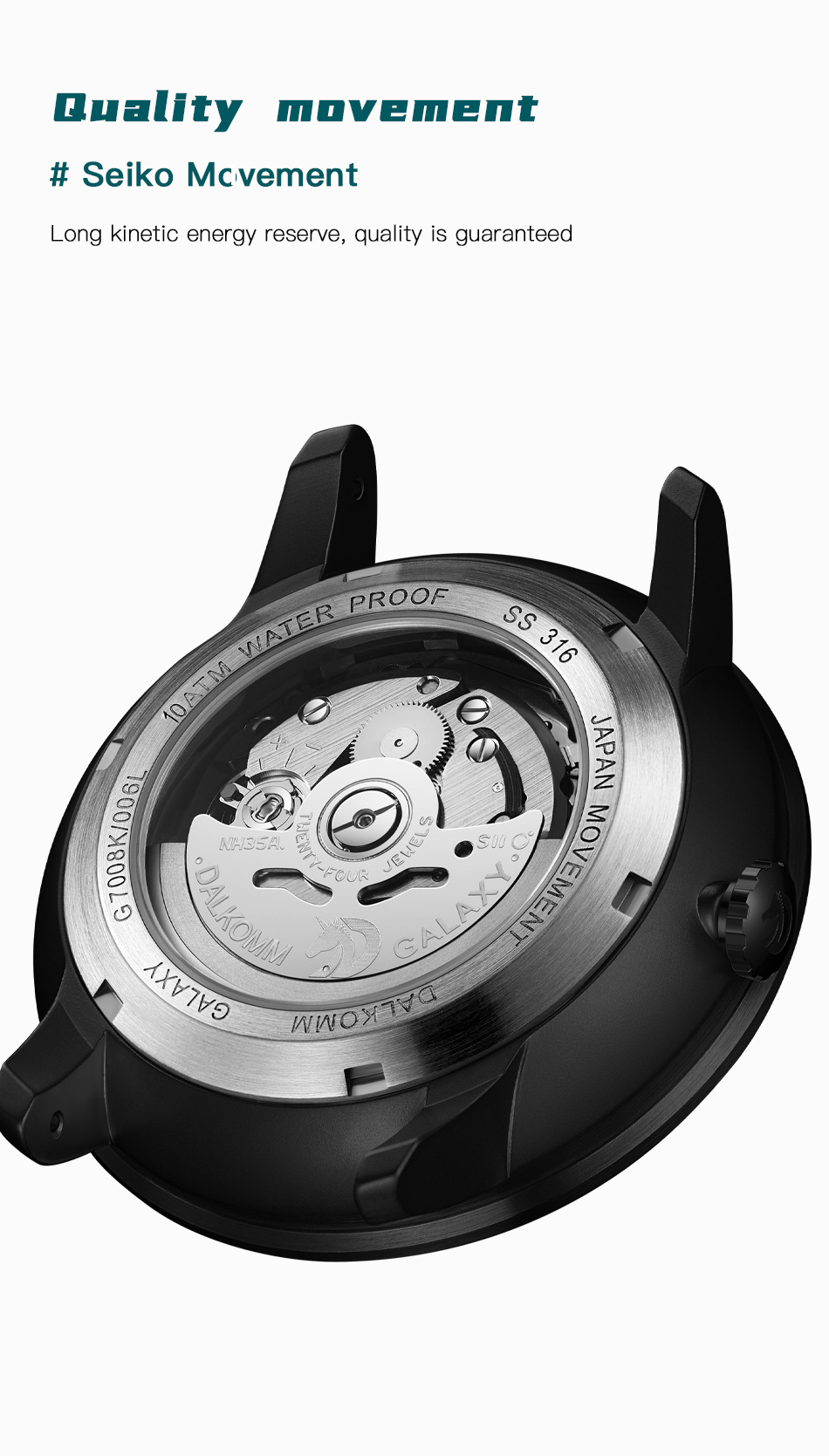 Đồng hồ nam automatic cơ khí chống nước G7008 — Dây đeo cà phê đen, Vỏ đen Mặt đỏ Đai đen, Vàng Shell đỏ mặt dải, Blue Shell Blue mặt dải màu xanh chi tiết 12