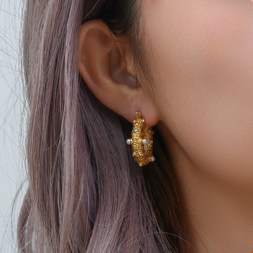 Retro Geometric Stainless Steel Earrings Plating Artificial Pearls Zircon Stainless Steel Earrings