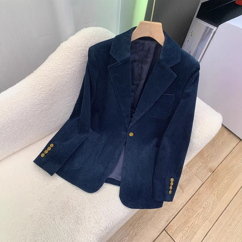 Pre-Sale Autumn and Winter Quilted Suit, Retro Corduroy Vertical Stripe Texture Pattern, Dark Blue Suit Jacket for Women Pre-Sale Autumn and Winter Quilted Suit, Retro Corduroy Vertical Stripe Texture Pattern, Dark Blue Suit Jacket for Women