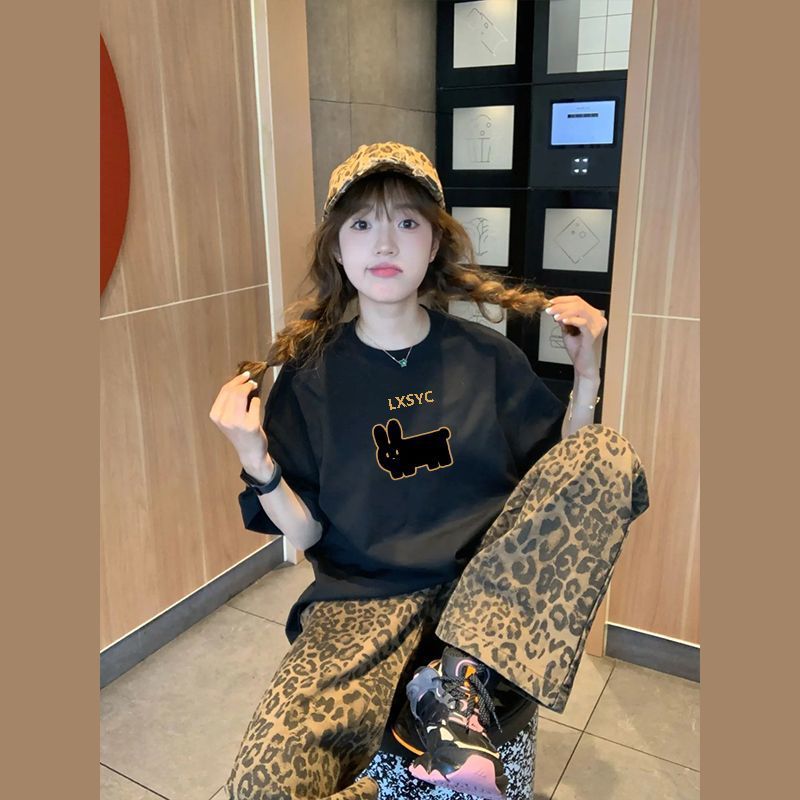 美式复古豹纹阔腿裤女夏季新款辣妹宽松显瘦T恤直筒休闲裤两件套