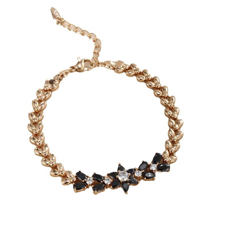 Xuping Cross-border nueva moda aleación de cobre chapado en oro flor pulsera mujer piedra preciosa artificial negra joyería de personalidad europea y americana