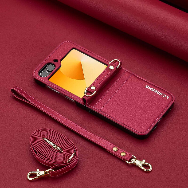 LC.imeeke for Samsung Z Flip3/4/5/6 fashion slung mobile phone case double card flip cover protective cover