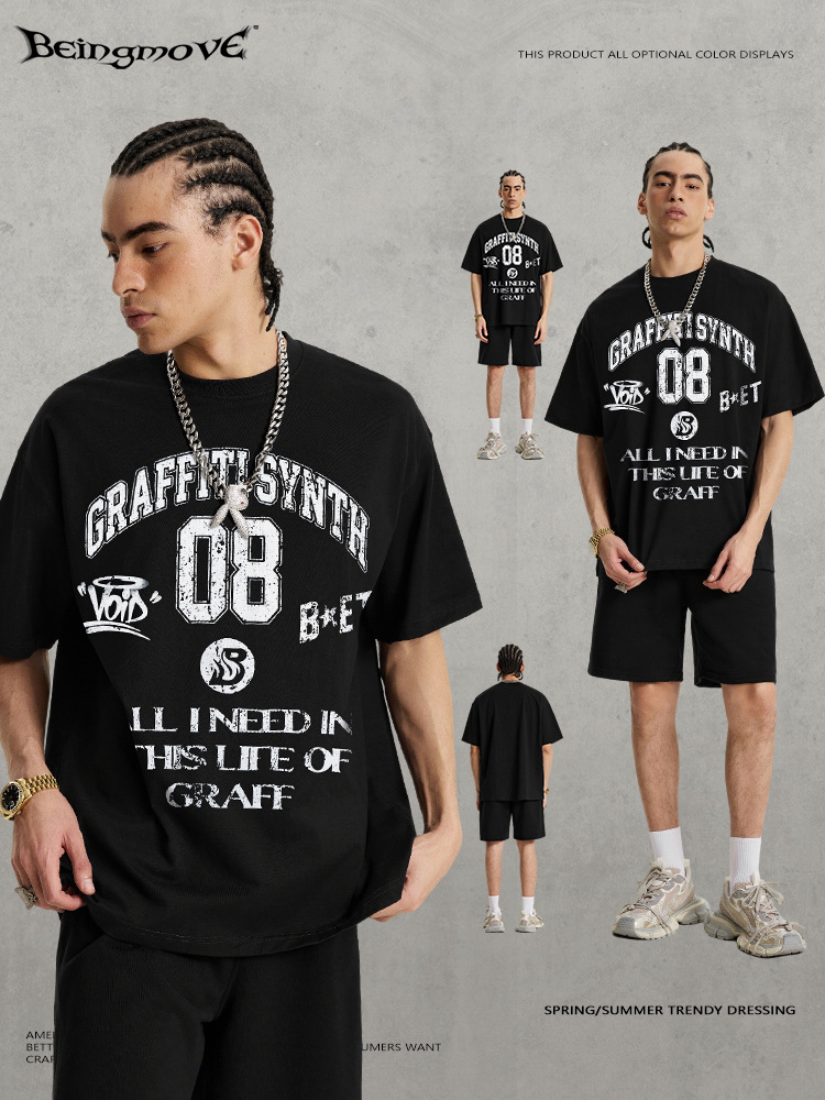 Calle secada| Nuevo estilo americano retro callejera top graffiti de manga corta hacer viejas camisetas de impresión de hombro sueltas lavadas