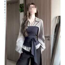 套装女春春韩系复古绑带格子拼接长袖衬衫上衣高腰显瘦休闲阔腿裤