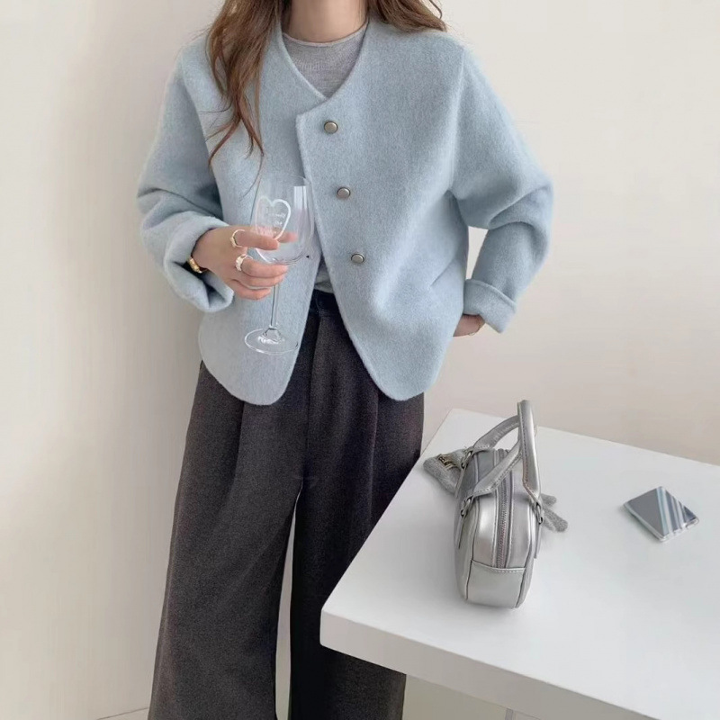New Double-Sided Wool Coat Women's Short Simple Commuter Loose and Comfortable Metal Buckle Woolen Coat