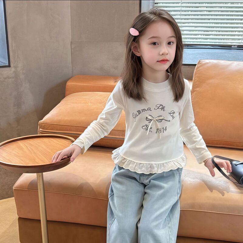 儿童秋季长袖T恤女童蝴蝶结纯色打底衫 宝宝可爱蕾丝花边休闲上衣|undefined