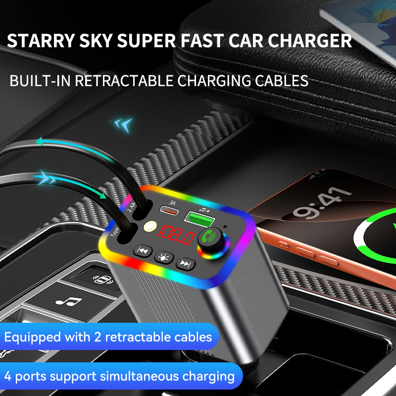 R4R6 Car Bluetooth MP3 Player comes with a retractable cable and supports fast charging for mobile phones, 2026 new model, foreign trade supply