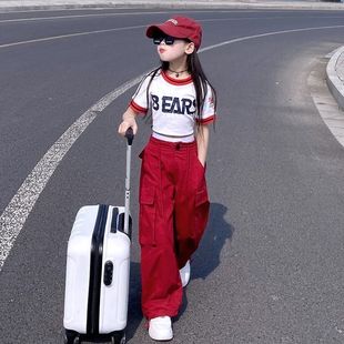 Cross-Border Ins Popular Children's Clothing Girls Summer Suit New Medium and Large Children's Clothing Short Round Neck T-Shirt Sports Cargo Pants