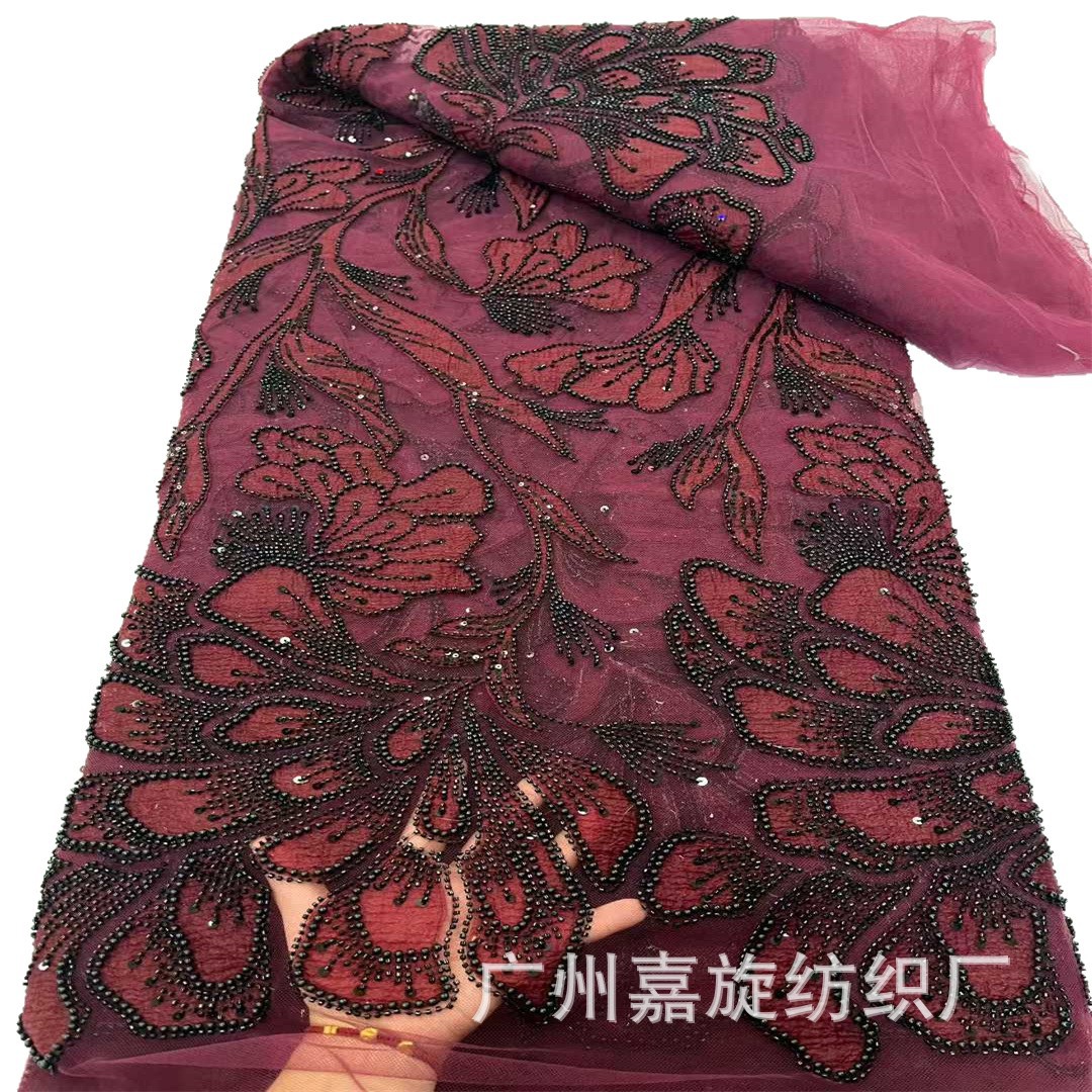 Tela de malla bordada de doble capa con parches y cuentas tubulares, estilo nuevo, para vestidos de novia y vestidos de noche.