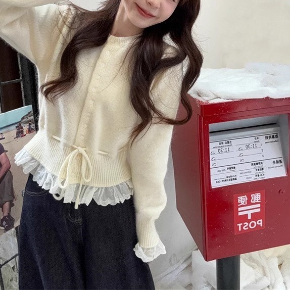 新年红色针织衫毛衣女冬季甜美风设计感荷叶边系带长袖打底衫上衣|undefined