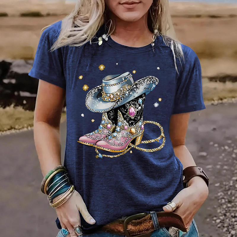 European and American Spot Round Neck Short-Sleeved Women's T-Shirt Cowboy Hat Cowboy Boots Printed Summer New Comfortable T-Shirt Cross-Border Hot Sale