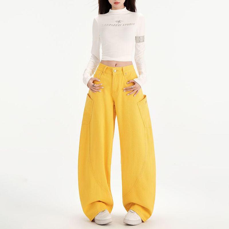 镰刀皮卡牛仔裤秋季显高显瘦2025年复古黄色高街阔腿裤新款女装|undefined