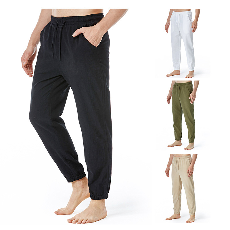 Men's cotton and linen drawstring elastic waist casual jogging yoga pants cross-border Amazon youth loose simple casual pants