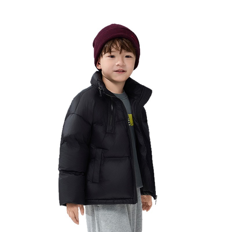 Boys' Short Down Jacket – 90% White Duck Feather Winter Coat, Warm & Lightweight, Slim Fit, Zipper Closure, Black & Light Brown_voghion.com
