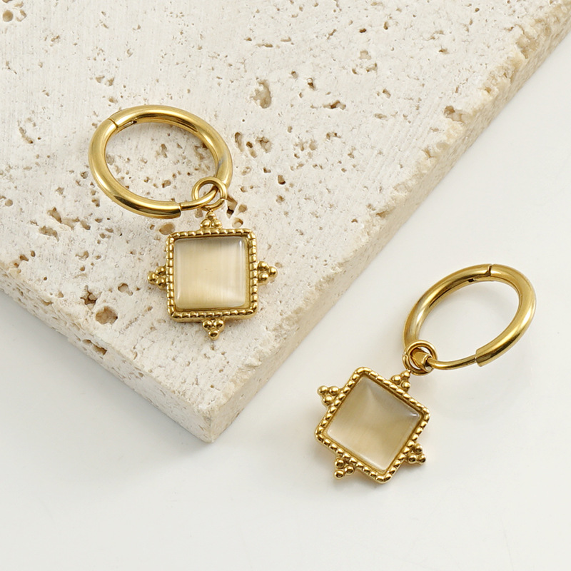 Daily Occasion 1 Pair Simple Style Square Plating Inlay Stainless Steel Cat's Eye Stone Drop Earrings