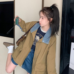 咖色牛仔拼接翻领风衣女2025初春秋新款气质显瘦减龄宽松休闲外套