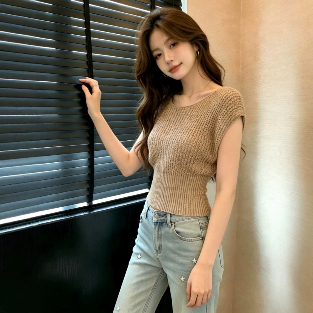USSHEEN Minimalist Round Neck Short Sleeve Knit Sweater for Women, Lightweight Summer Pullover, Comfortable and Versatile