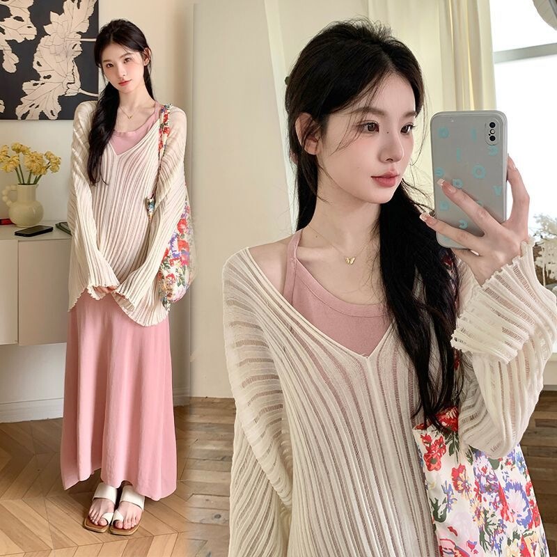Maternity Summer Outfit Set: Loose Long-Sleeve Knit Top and Thin Summer Camisole Dress Two-Piece Set for Pregnant Women