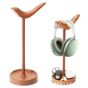 Wooden Headset Stand Desktop Gaming Headphone Holder with Storage Tray Curved Headset Storage Rack
