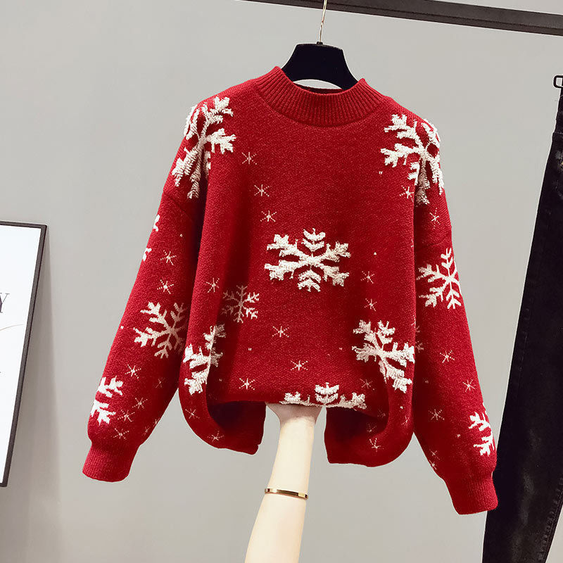 European and American Cross-Border Popular Christmas Flocked Snowflake Knitwear for Women in Autumn and Winter New Loose and Fashionable Knitted Knitwear Pullover European and American Cross-Border Popular Christmas Flocked Snowflake Knitwear for Women in Autumn and Winter New Loose and Fashionable Knitted Knitwear Pullover