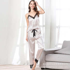 休闲舒适情趣沐浴仿真丝睡衣 新款凉爽透气翻领女士蕾丝家居服