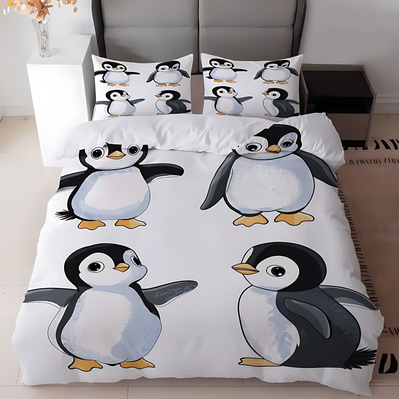 TEMU / JIT cómodos edredón conjunto encantador dibujos animados pingüino impresión digital se puede ajustar