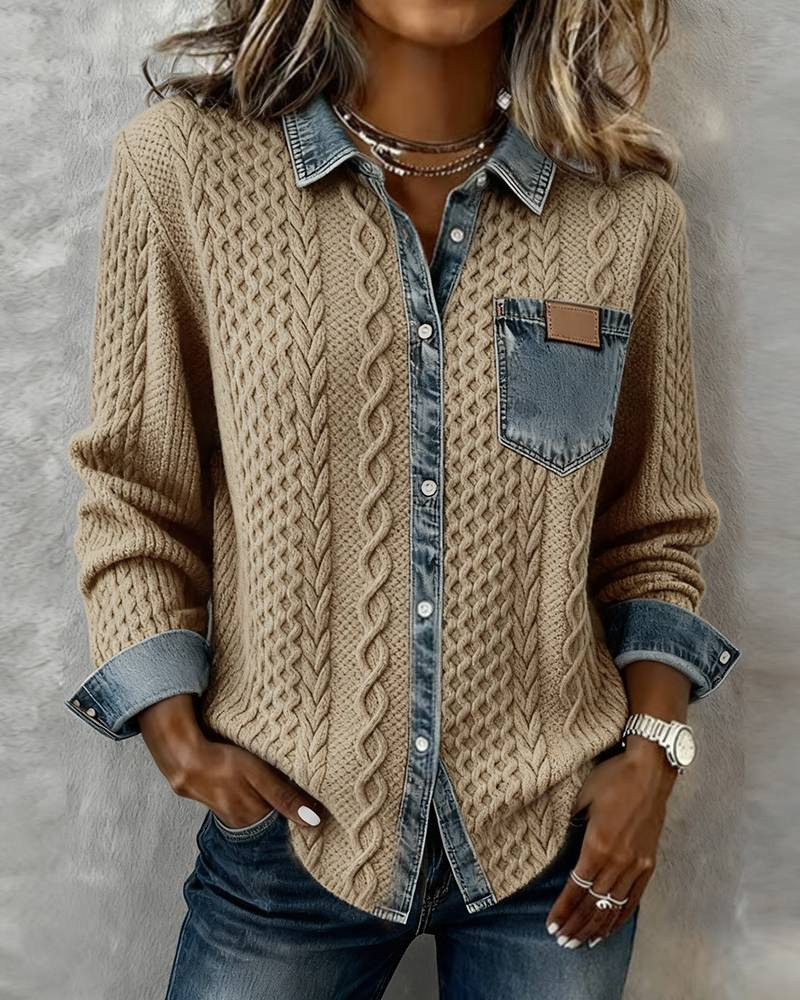 Damen Hemdjacke Aus Strick-denim Oversized Langarm Layering_voghion.com