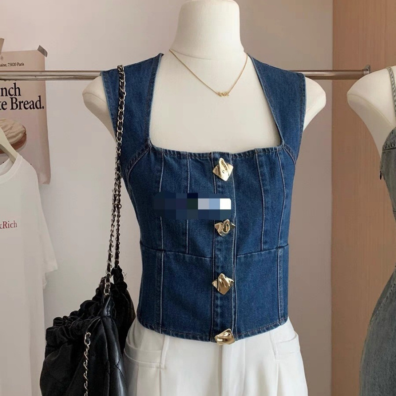 Fashionable Gold Button Square Collar Denim Vest Women's 2025 New Summer Western Style Chic Age-Reducing Thin Shirt Vest Top