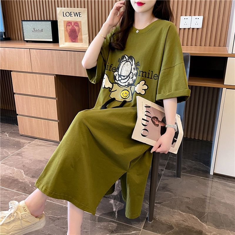 2025 Summer New Loose Flesh Covering Slimming Lazy Style Short Sleeve T-Shirt Split dress Top