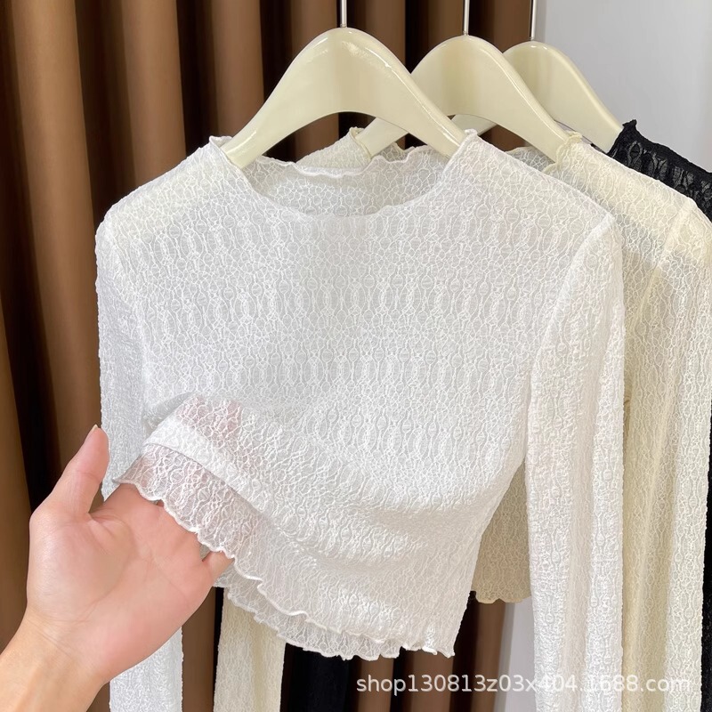 Ruffled Lace Base Shirt for Women 2025 Spring New Style with Camisole Dress Inner Long-Sleeve Sheer Thin Blouse for Women