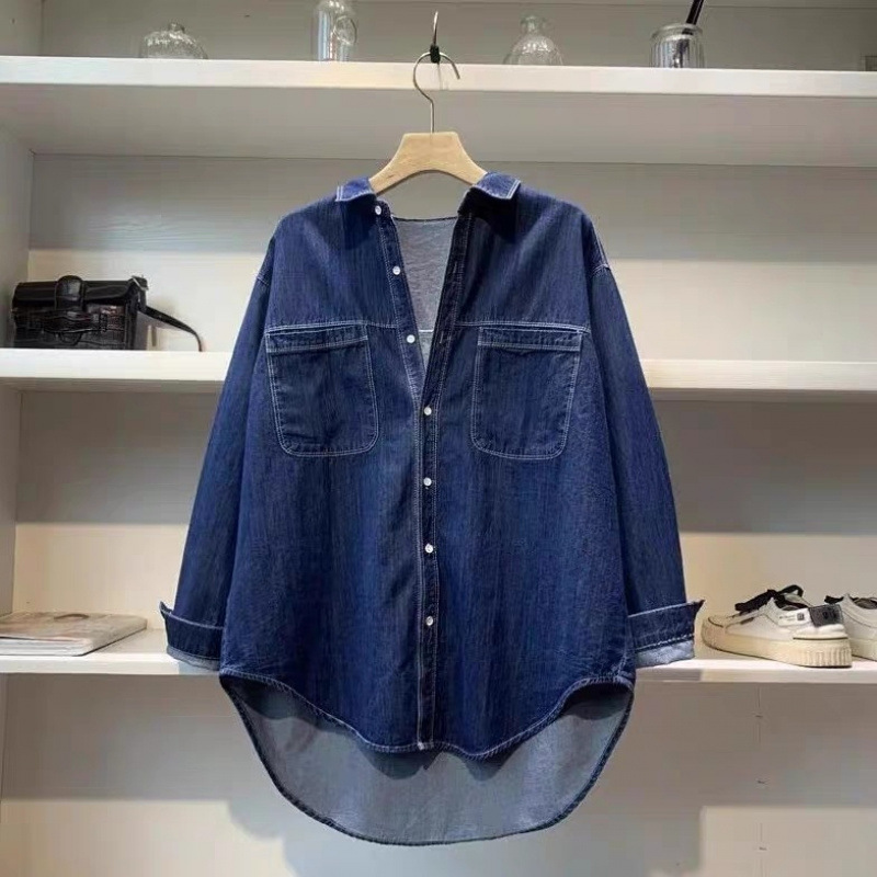 dark blue Vintage Loose Hong Kong Style Denim Shirt Women's Stacked Spring and Autumn New Style Slim Look Top