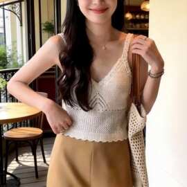 夏诗文同款夏季亚麻棉提花复古短款V领内搭针织吊带女