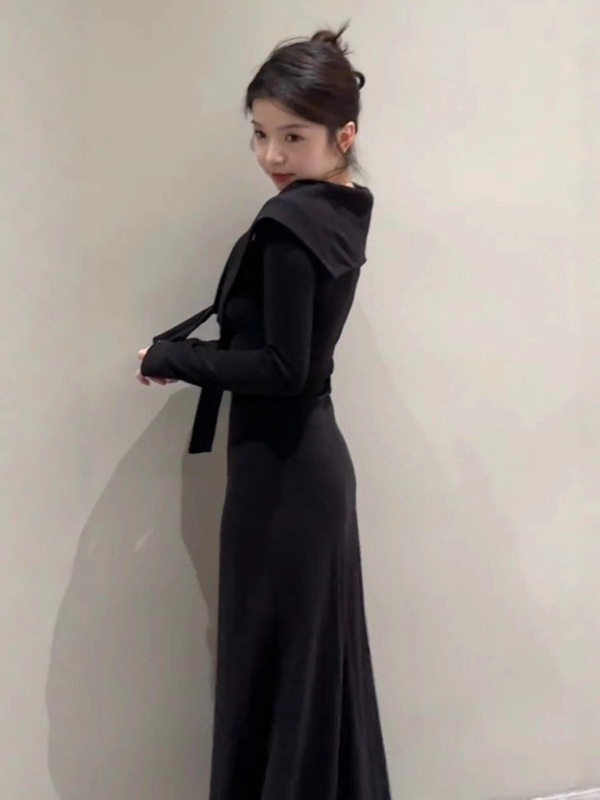 韩系穿搭系带披肩长袖连衣裙子女装秋季巨好看收腰显瘦包臀裙长裙|undefined