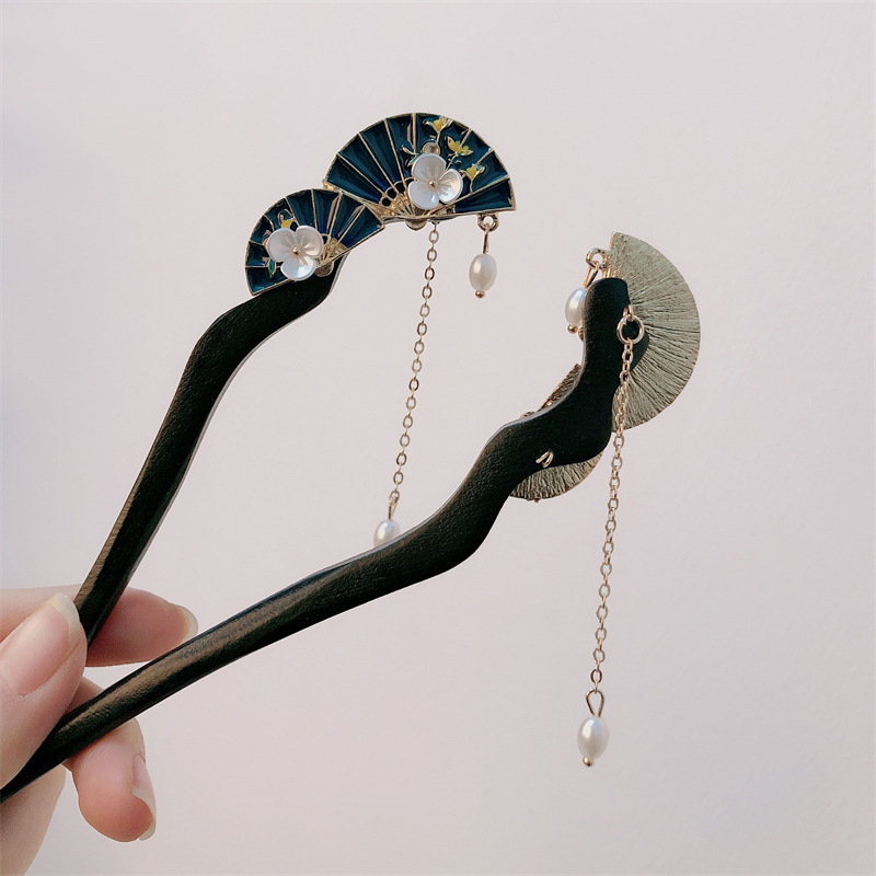Ventilador de estilo chino borla horquilla hembra de madera perla flor en forma de abanico horquilla updo estilo antiguo hanfu cheongsam tocado