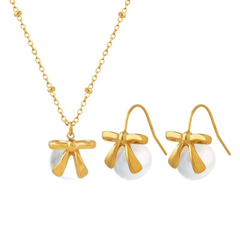 Marka estilo francés ins imitación perla arco pendientes titanio acero 18K oro collar cadena clavícula joyería traje