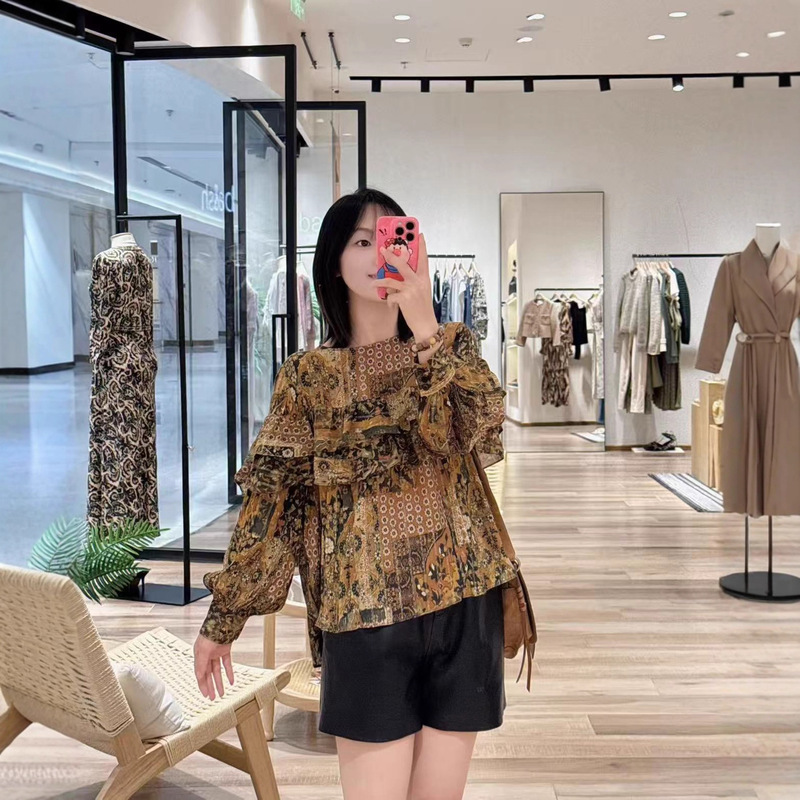 Nanyou Shirt Heavy Industry French Retro Metallic Floral Print Round Neck Tie Ruffle Blouse Women's Top