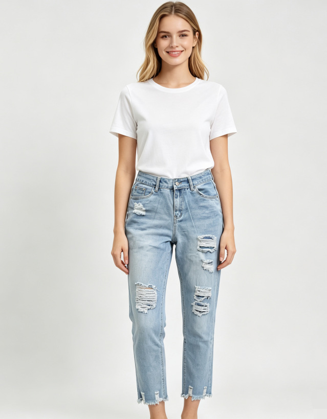 Jeans Rectos de Mezclilla para Mujer con Rotos y Borde Deshilachado Sin Elasticidad