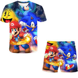 速卖通Super Mario马里奥童装3D印花T恤套装 儿童短袖短裤批发DIY