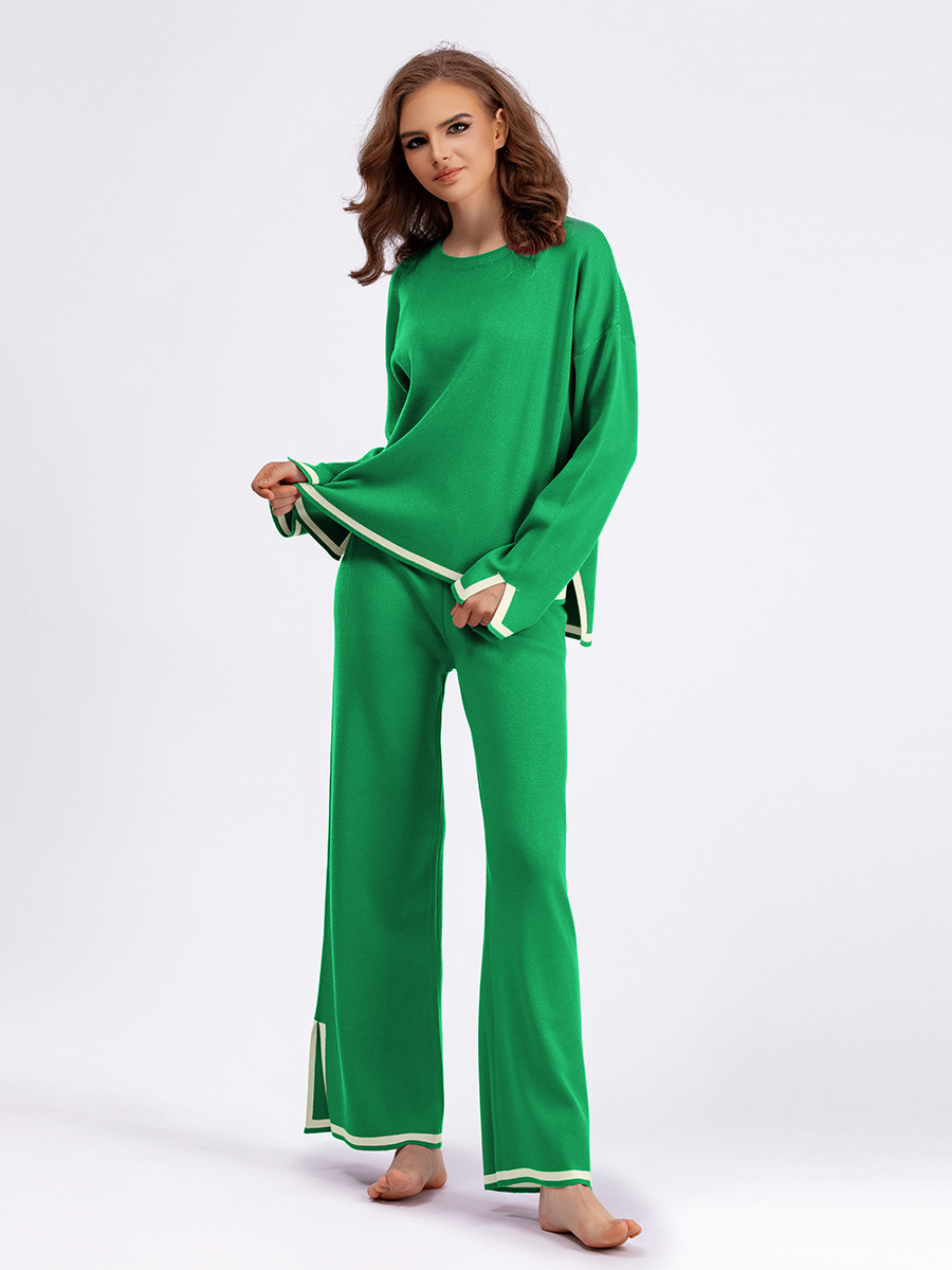 Solid Color Pattern Summer Season Women's Gender Daily Women's Vacation Solid Color Knit Contrast Binding Pant Co-ord Set Pants Sets