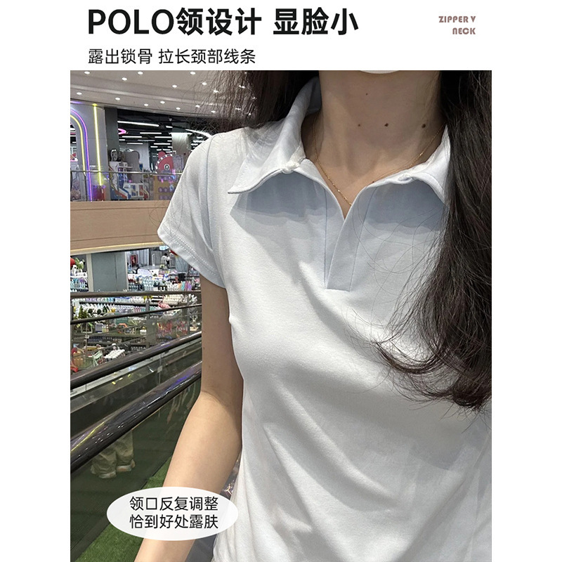 ブルーポロカラー半袖Tシャツ女性用2025新しい夏右肩スリムフィットラペル純綿ショートトップ|undefined