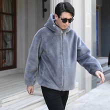 冬季新款男士连帽羊羔毛皮毛一体羊毛外套简约羊剪绒皮草大衣