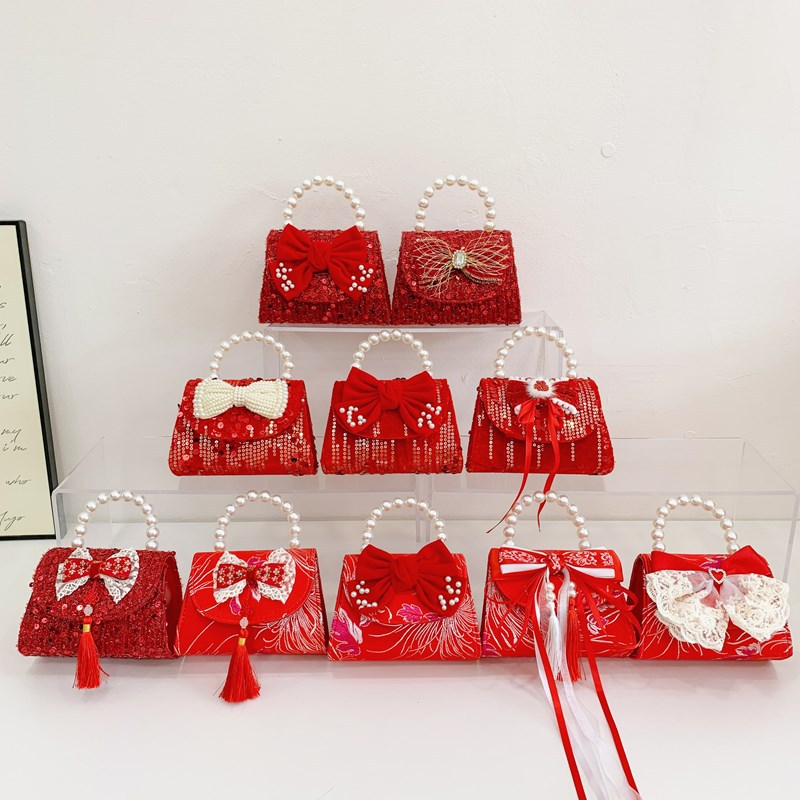 Bagos rojos perfumados para niñas bolsos de hombro con sequillas de perlas, bolsos para niños, bolsos de Año Nuevo para niños