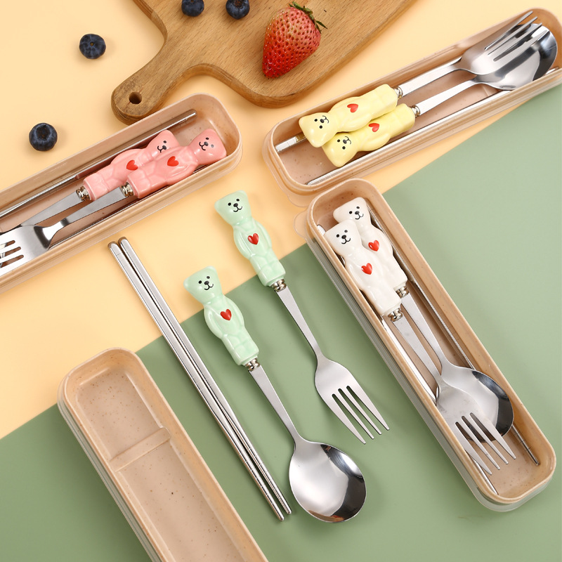Corea del Sur ins lindo dibujos animados portátil de cerámica mango Acero inoxidable palillos Palillos vajilla hogar Bento desayuno