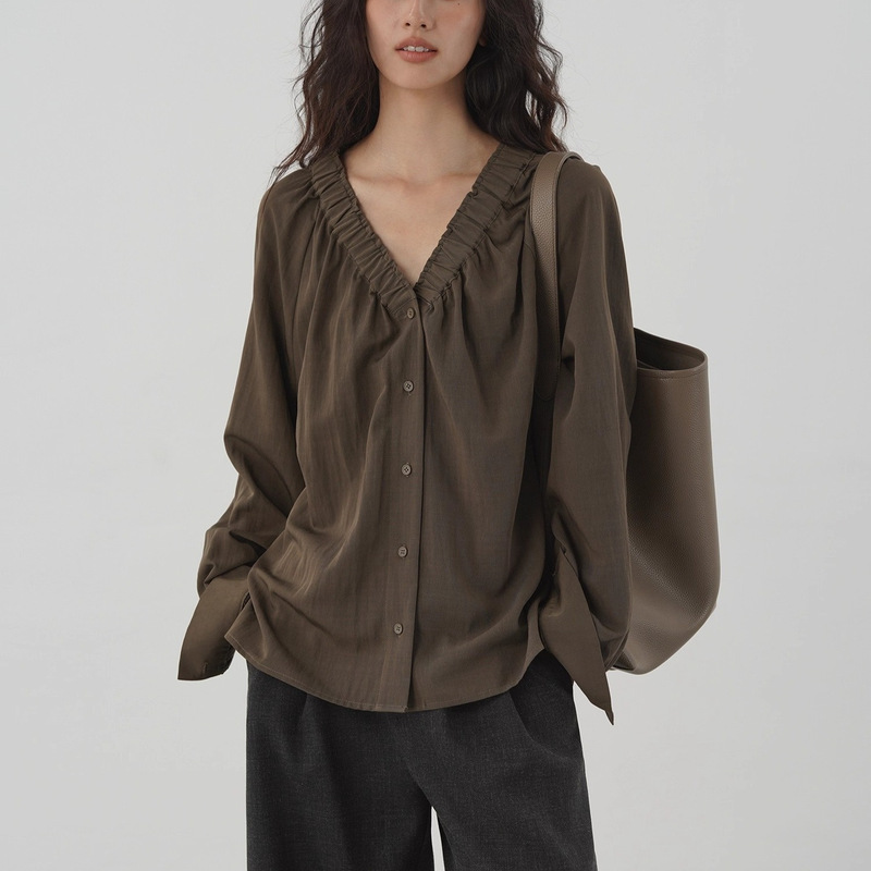Dark Brown Korean V Neck Pleated Shirt, Loose Lantern Sleeve Buttoned Work Clothing Layered Shirt