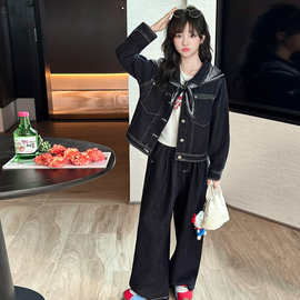 女童秋装牛仔套装2025新款儿童洋气女孩中大童阔腿裤两件套批发潮